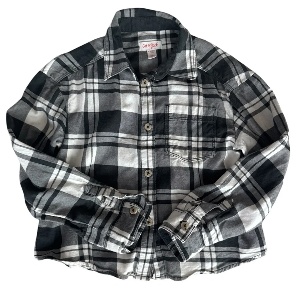 Cat & Jack Black & White Plaid Flannel Shirt Long Sleeve Button Size Small 6/6X
